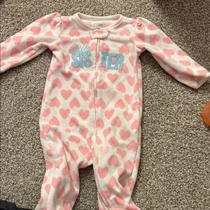 Pink Heart Footed One-Piece Pajamas with 'SISTER' Applique